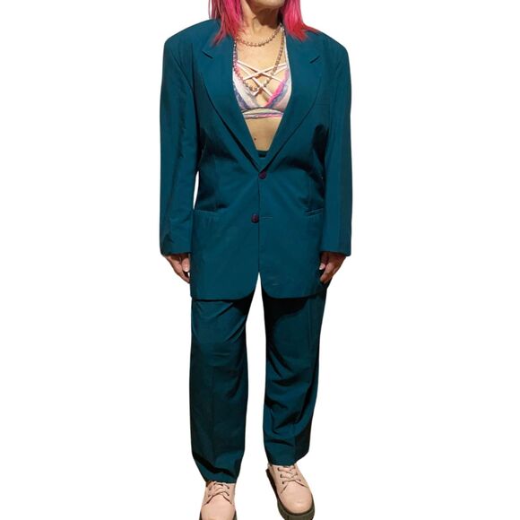 Vintage Oversized Blazer Co-ord Suit Matching Set Teal High Waist Pleated Pants - Picture 1 of 16